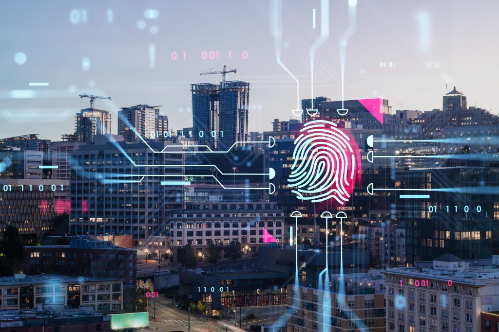Seattle skyline merged with a digital fingerprint hologram, representing future technology in security, against a dusk cityscape background. Double exposure