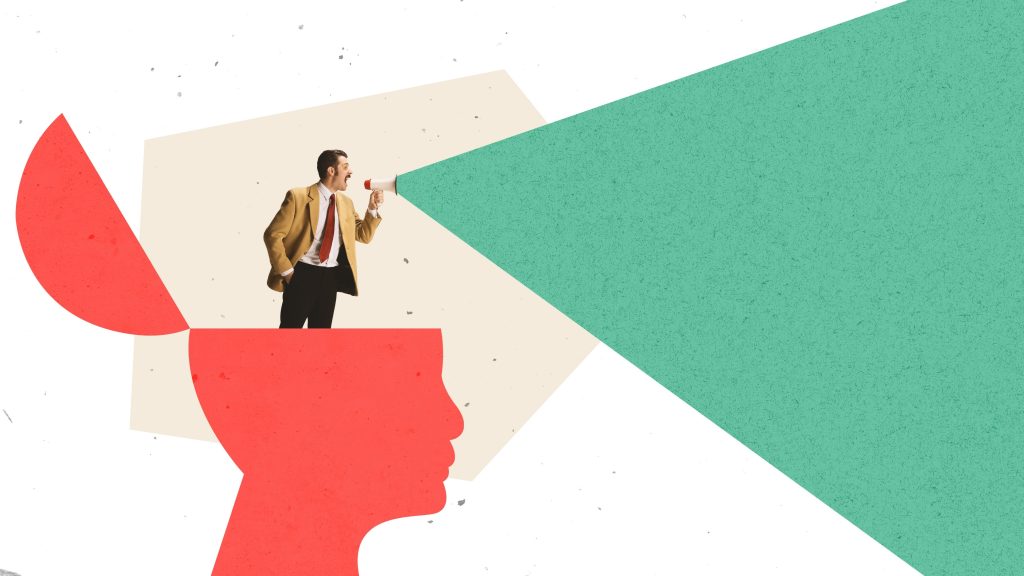Conceptual composition of a man shouting through megaphone inside head silhouette. Conceptual composition of a man shouting through megaphone inside head silhouette. Concept of communication, influence, leadership presence, strong personal voice, and persuasive internal messaging.
