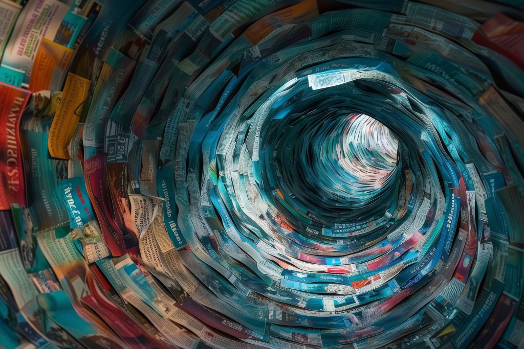 Tunnel made of twisted newspapers headlines creating swirling effect of information media noise and variety of different information, information filtering concept Tunnel made of twisted newspapers headlines creating swirling effect of information media noise and variety of different information, information filtering concept