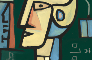DALL·E 2023-11-24 14.21.06 - A futuristic Picasso painting of a western male mathematician speaking about the AI L'immagine è stata elaborata dall'intelligenza artificiale DALL·E