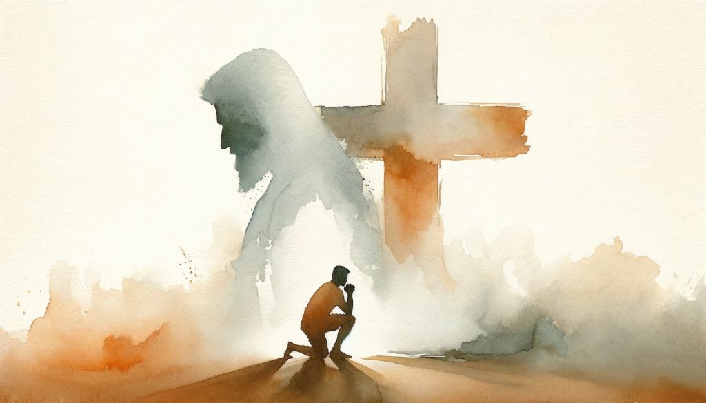 Christian man praying in front of a Christian cross, Jesus silhouette in background. Digital watercolor painting.