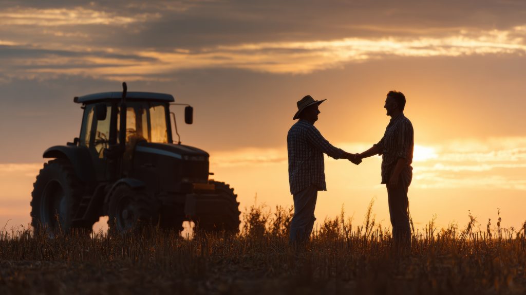 Farmers shake hands at sunset near a tractor in a field Two farmers greet each other with a handshake as the sun sets behind them and a tractor stands in the field.